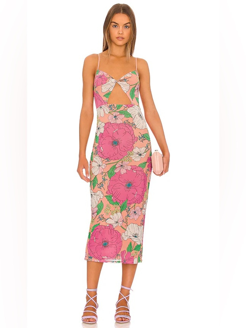AFRM Pink Floral Cutout Midi Dress with Peach Base